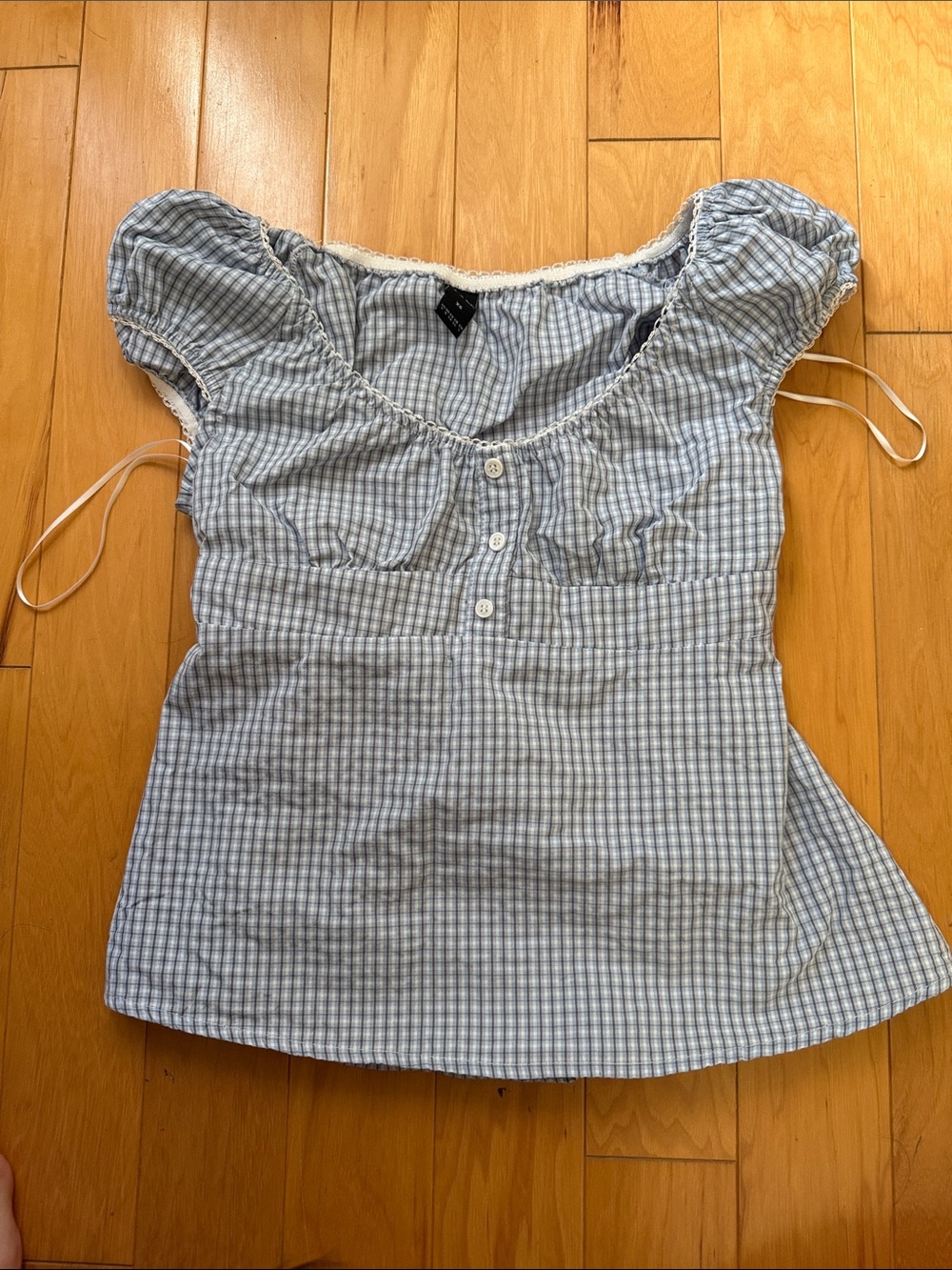 Cider Light Blue Gingham Puff Sleeve Blouse